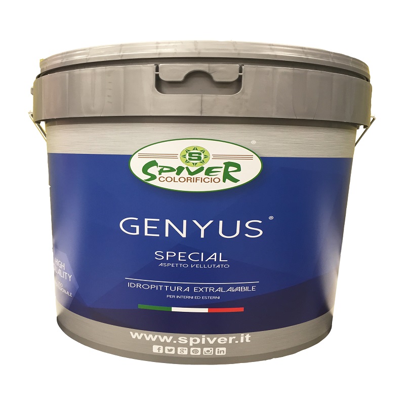 A plastic bucket of Spiver Genyus decorative coating, container with Spiver branding and product information printed on the label.
